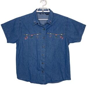 Vtg Zoey & Beth Denim Shirt Womens L Blue Embroidered Floral Top Y2K Cottagecore